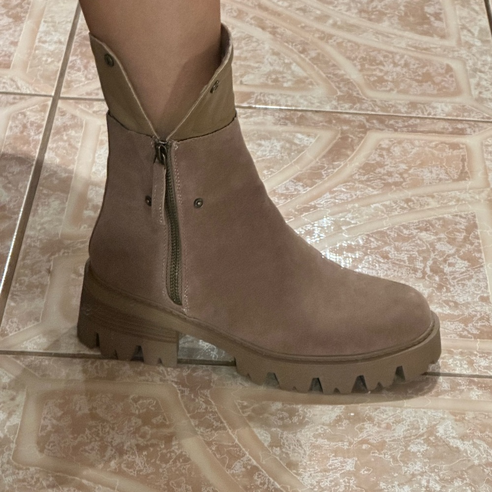JustFab Tan Heeled Boots with Cream Fur Trim - Picture 12 of 13